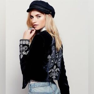 Free People Velvet Embroidered Cropped Jacket Size XS Black